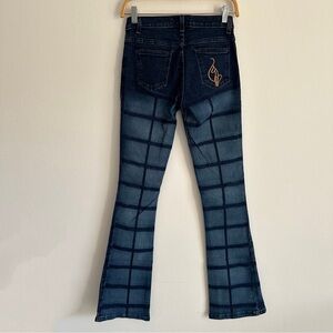 Vintage Y2K Baby Phat Jeans Flare Dark Wash Blue Patchwork Grid Grunge Denim 3